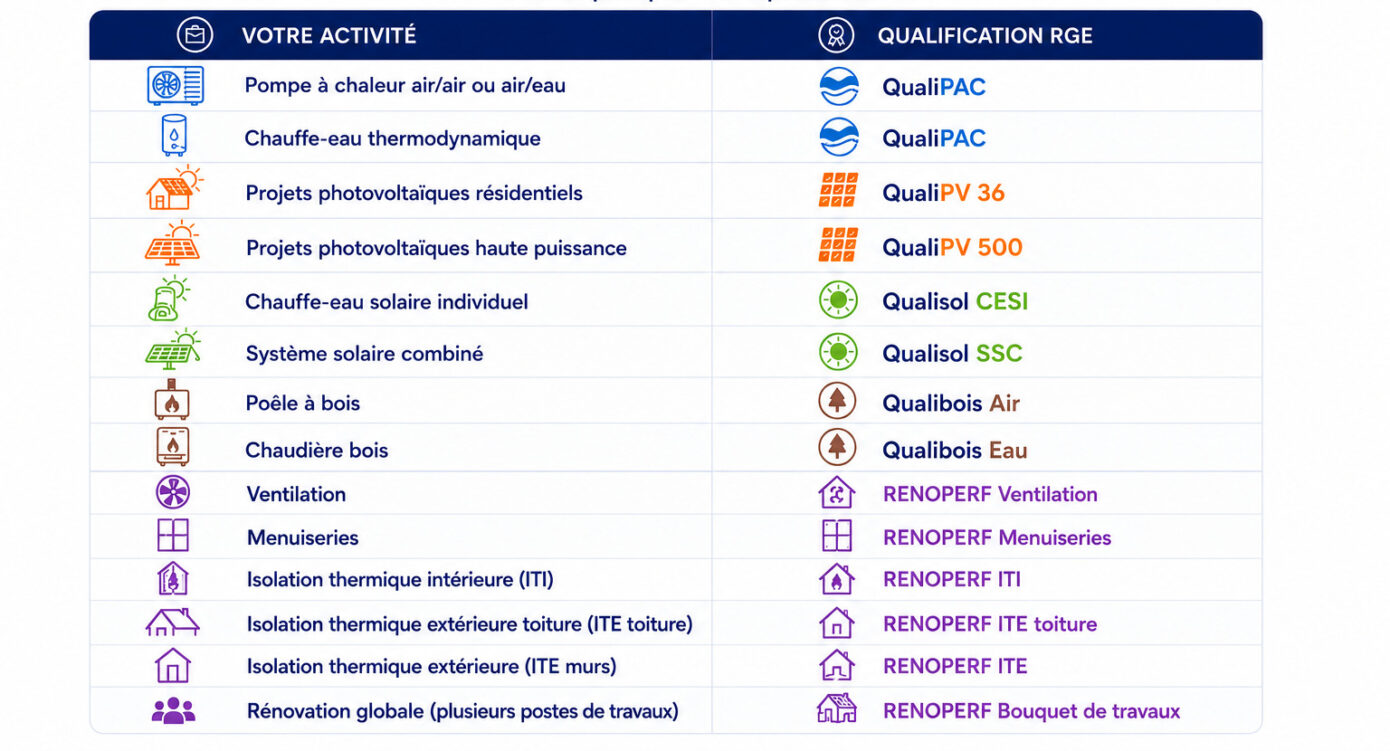 Table des qualifications RGE par activité
