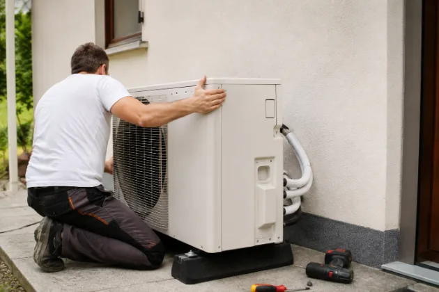 Installation d’une pompe à chaleur extérieure par un particulier devant une maison